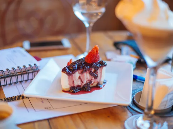 A slice of cheesecake with berry sauce